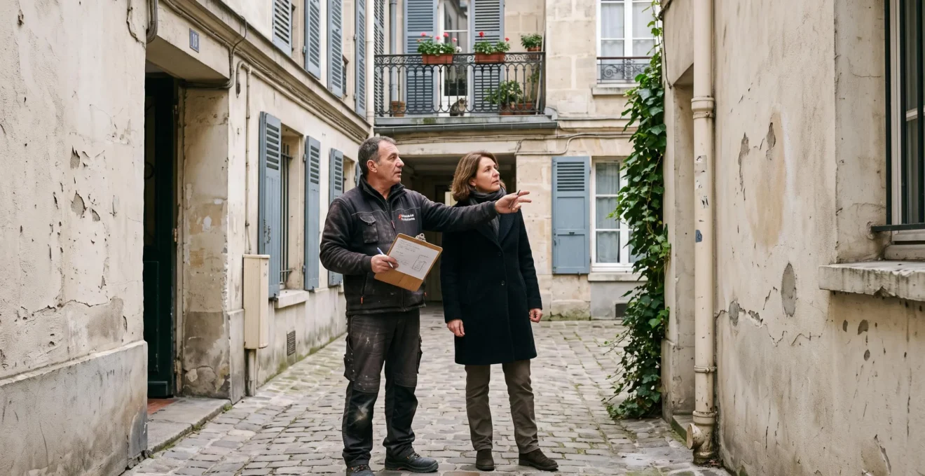 Un installateur présente son étude du projet à un client à l'entrée d'une cour parisienne.