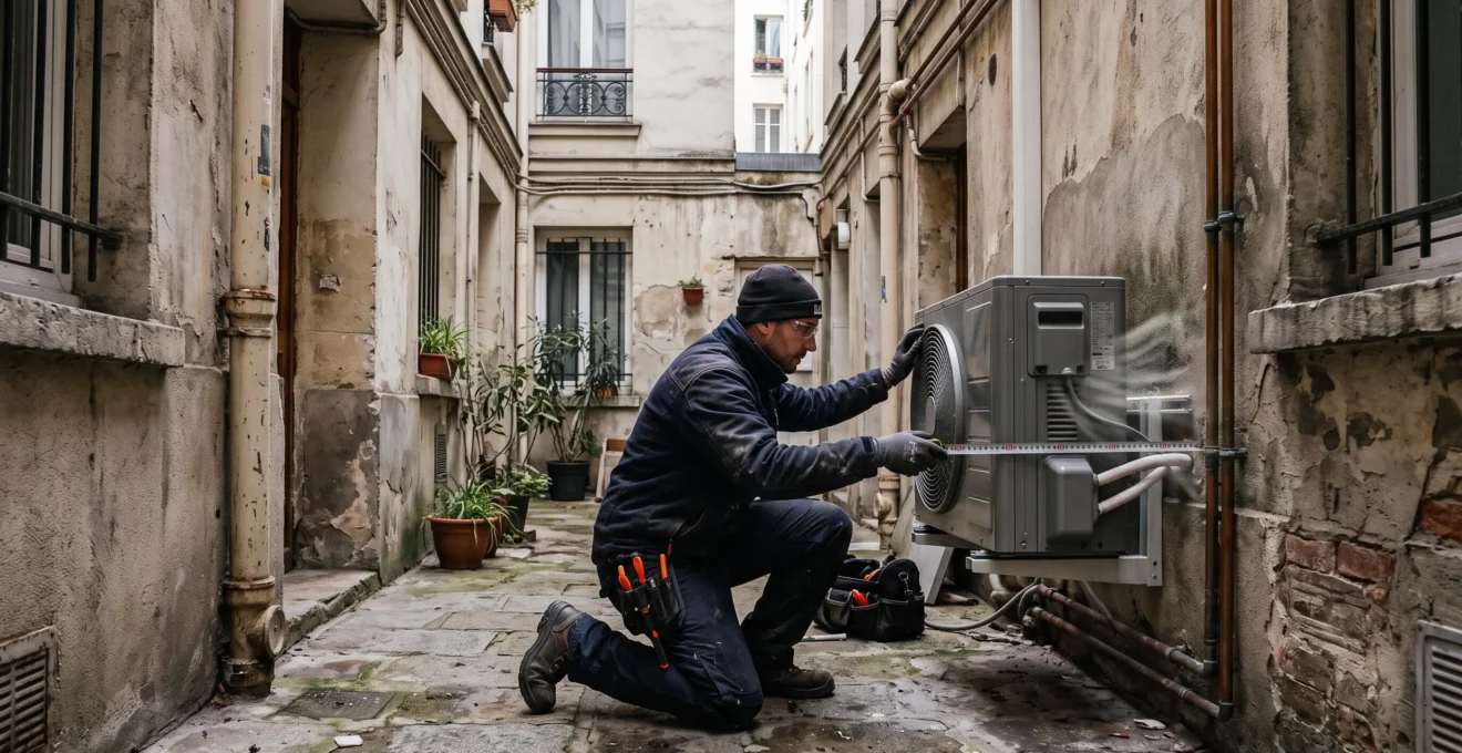 Un technicien mesure le dégagement autour d'une pompe à chaleur dans une cour étroite.