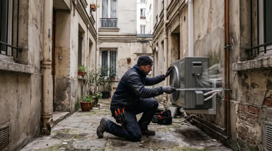 Un technicien mesure le dégagement autour d'une pompe à chaleur dans une cour étroite.